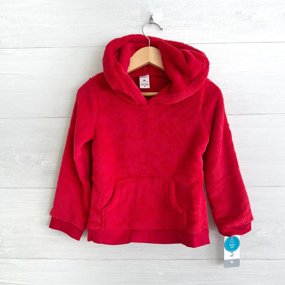 NWT Carter’s Red fuzzy fleece Hood Art Reindeer pullover, 3T